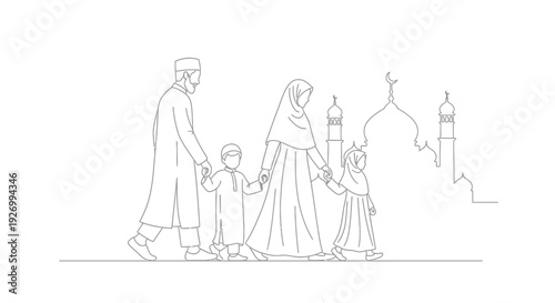 Muslim family walking together in traditional attire near mosque