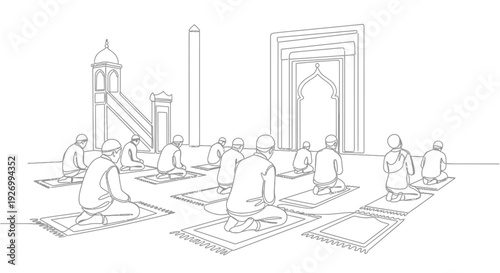 Muslim men praying in mosque with traditional architecture