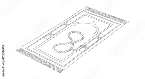 Elegant prayer mat with tasbih beads on fringed rug