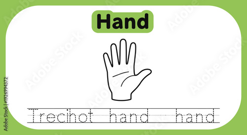 Handwriting practice worksheet with hand illustration