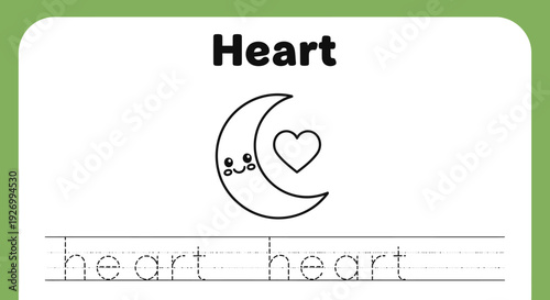 Heart tracing worksheet for kids with cute moon and heart
