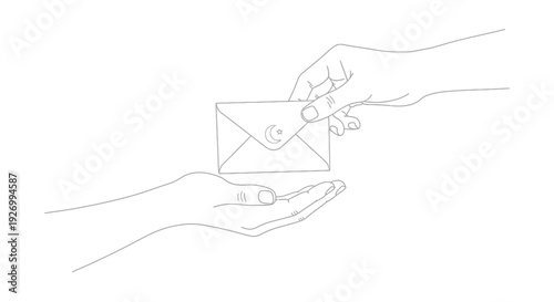 Hands exchanging sealed envelope with crescent moon and star