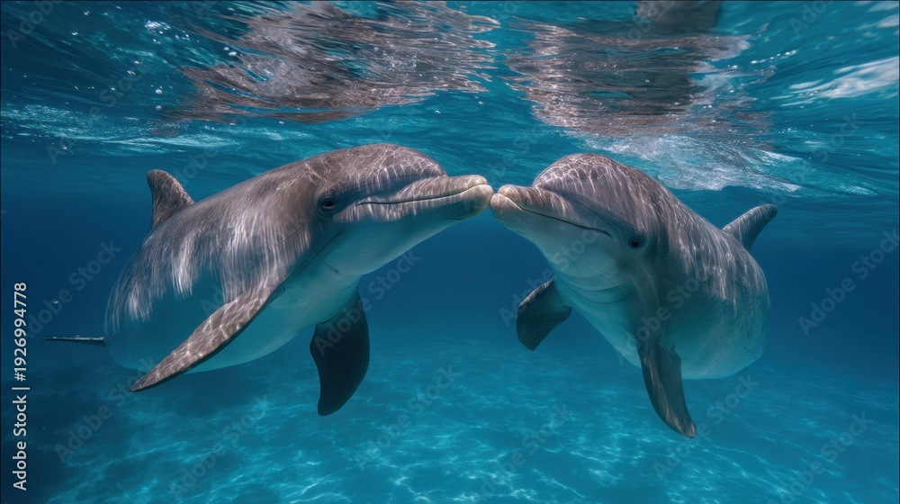 Fototapeta premium Pair of dolphins touch noses underwater in clear ocean environment.
