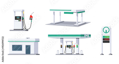 Gas station elements - fuel pumps, canopy, and building, all in a clean, modern design.