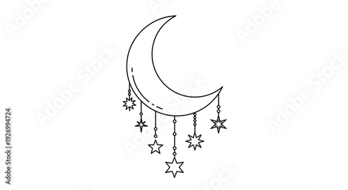 Dreamy crescent moon with sparkling stars dangling below