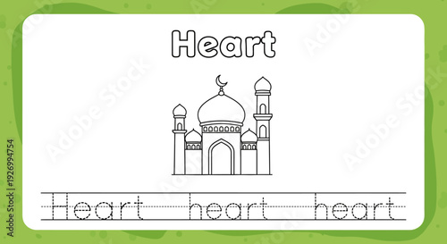 Heart tracing worksheet with mosque drawing for kids
