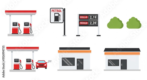 Gas station elements - pumps, sign, price board, shop, and car, all isolated on white.