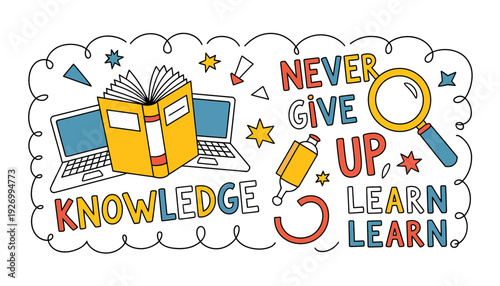 Education icon with motivational quote and learning objects illustration