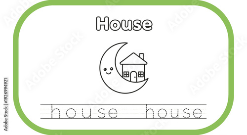 House tracing worksheet for kids. Cute house illustration.