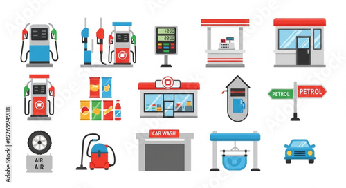 Gas station elements and related objects, fuel pumps, convenience store, and car.