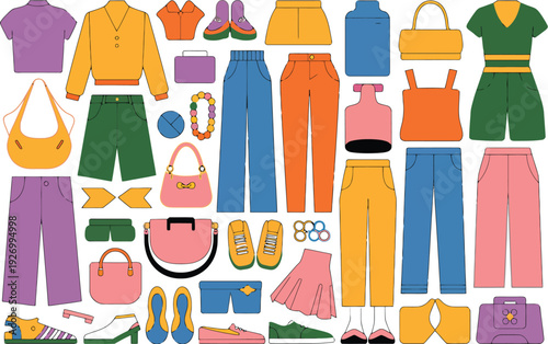 Fashion clothing vector illustration of colorful outfit accessories and apparel
