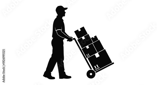 A worker pushing a hand truck loaded with boxes is depicted in a stark black silhouette high quality professional detailed modern