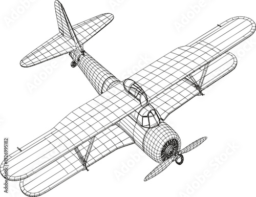 Vintage biplane vector wireframe sketch, featuring classic double wing aircraft design, propeller, and aeronautical engineering elements