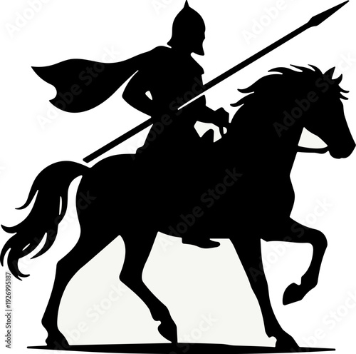 Ancient Warrior on Horse with Spear Action Silhouette Vector in Solid Black on White Background