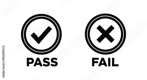 Two circular icons depicting pass and fail statuses with check and x marks black silhouette high quality professional detailed modern elegant