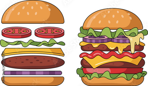A hamburger icon illustration with ingredients and assembled burger