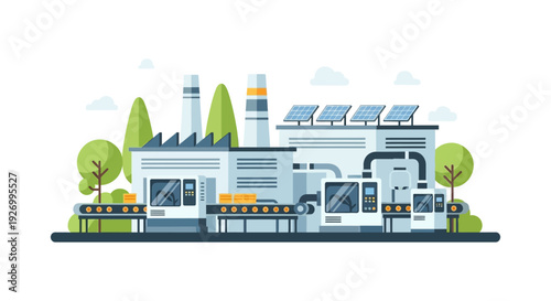 Modern Green Factory with Solar Panels and Automated Production Lines. Sustainable Manufacturing and Eco-Friendly Industrial Processes.