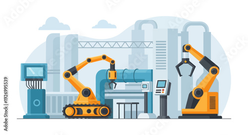 Robotic Arms in Automated Factory: Modern Industrial Manufacturing with Smart Technology and Production Line Process Illustration