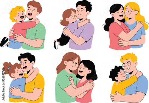 A colorful illustration of happy family members hugging each other tightly