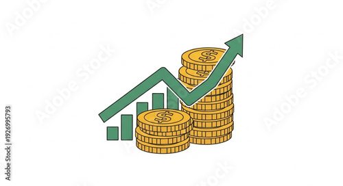 Financial growth concept with stacks of coins and an upward arrow representing profit.
