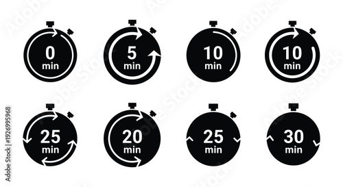 A collection of black circular timers displaying various minute intervals showcasing a minimalist aesthetic silhouette high quality professional detailed modern elegant