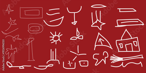 Ancient symbolic engravings on red background
