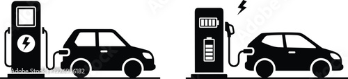 Electric vehicle charging at station silhouette modern eco transport battery power technology sustainable automotive energy vector illustration concept