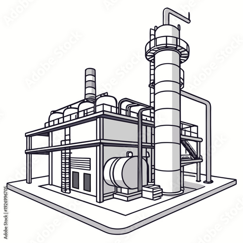 Industrial building with smokestack and machinery