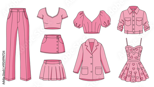 Stylish collection of various women's fashion items in different shades of pink including pants, skirts, tops, and a jacket.