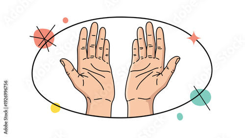 Artistic illustration of two open human palms facing forward enclosed in an oval frame with colorful decorative shapes.