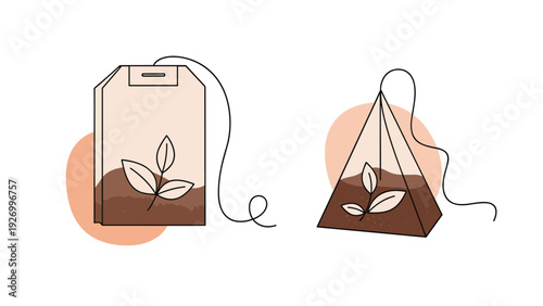 Minimalist illustration of two different styles of tea bags featuring a standard rectangular shape and a pyramid version.