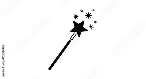 A black silhouette of a magic wand emitting sparkling stars against a stark white background silhouette high quality professional detailed modern