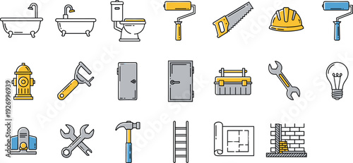 Construction and Home Repair Line Icon Set with Tools Bathroom Fixtures Ladder Blueprint and Safety Helmet Vector Outline Collection