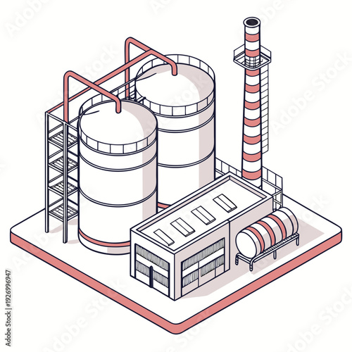 Industrial facility with storage tanks and chimney