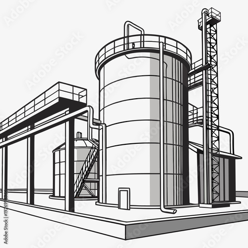 A large industrial building with a silo and a walkway