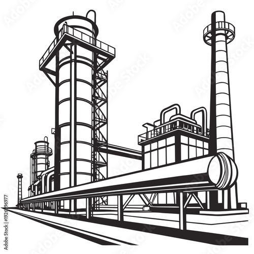 A black and white drawing of a factory with smokestacks