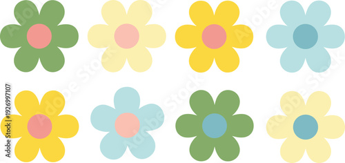 Colorful retro flower icons set in pastel colors, simple flat vector daisy illustrations, spring floral design elements, isolated on white.