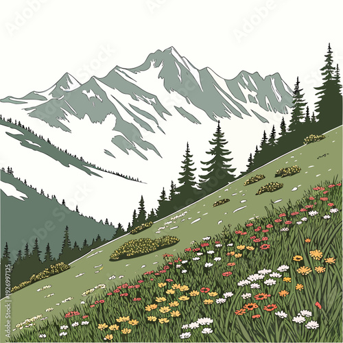 A serene mountain landscape with a field of flowers