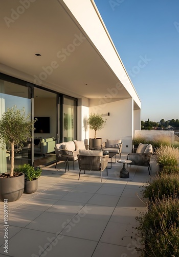 Elegant penthouse balcony with modern seating, plants and panoramic view