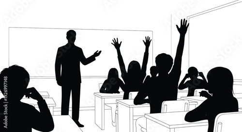 A black silhouette depicts a teacher and students in a classroom setting with raised hands silhouette high quality professional detailed modern