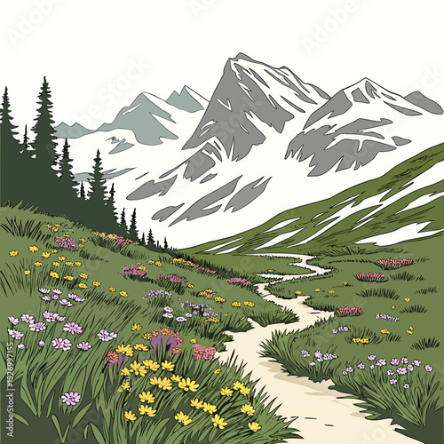 A serene mountain landscape with a winding path and colorful flowers
