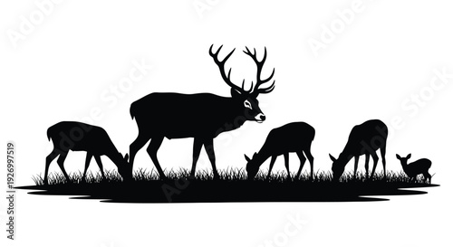 A family of deer graze peacefully in a field presented as a striking black silhouette high quality professional detailed modern elegant