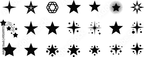 Star icons collection vector set, sparkle, rating, favorite symbols, decorative shining stars shapes for design, UI, badges, awards