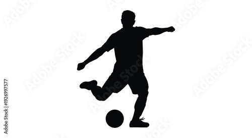 A dynamic black silhouette depicts an athlete in motion appearing to kick a ball with force silhouette high quality professional detailed