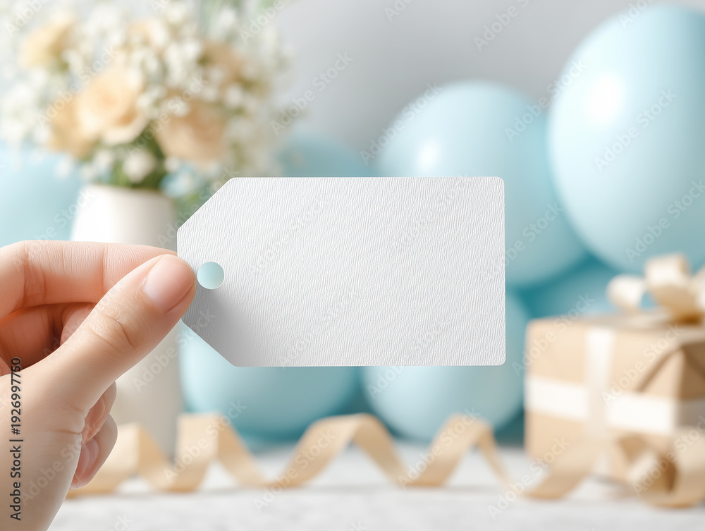 Obraz premium Blank white gift tag held by a hand against a blue balloon background
