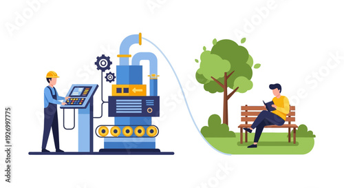 Industry & Leisure Connection: Worker at Factory Control Panel and Man Reading in Park Representing Work-Life Balance and Industrial Impact on Daily Life