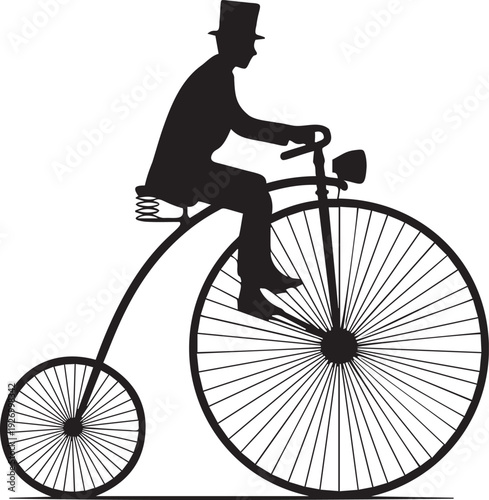 Man in top hat riding penny farthing bicycle silhouette
