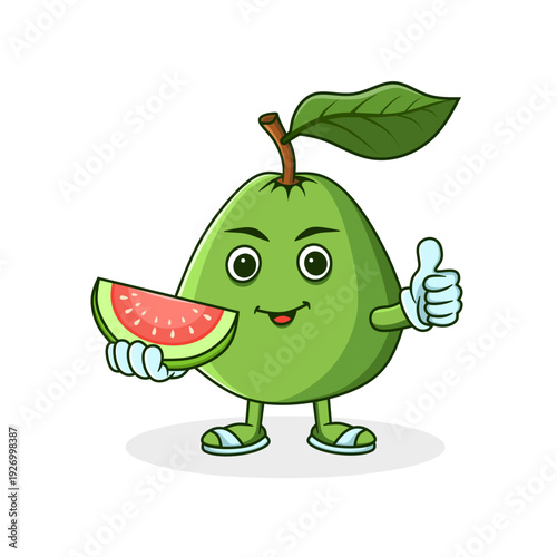 A cute cartoon vector illustration of a guava fruit mascot holding a fresh piece of guava and giving a thumbs up. Perfect for healthy product branding, packaging, stickers, and organic product designs