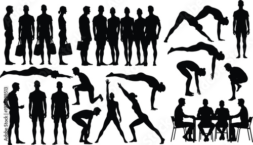 Black silhouettes of people in various poses and activities human silhouettes