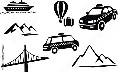 Travel icon set with transportation and landmark silhouettes for design